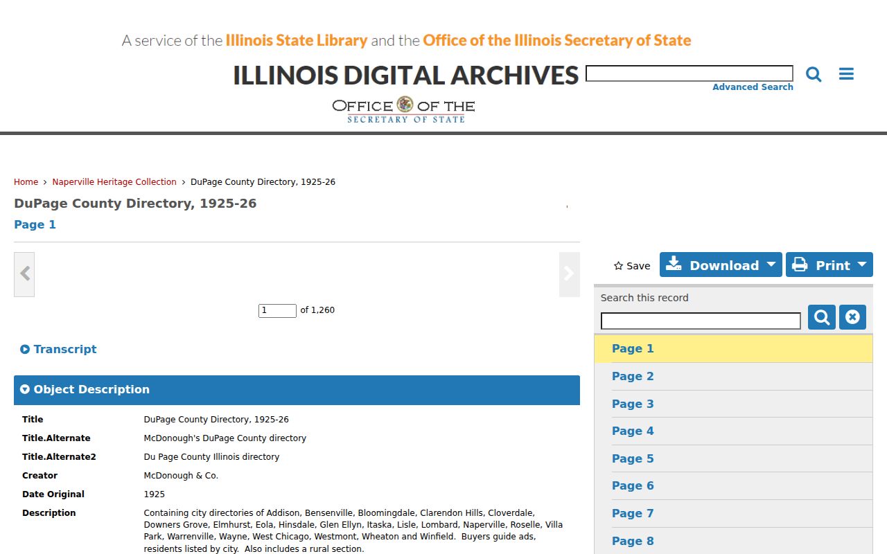 Illinois Digital Archives record for the 1925-26 DuPage County directory