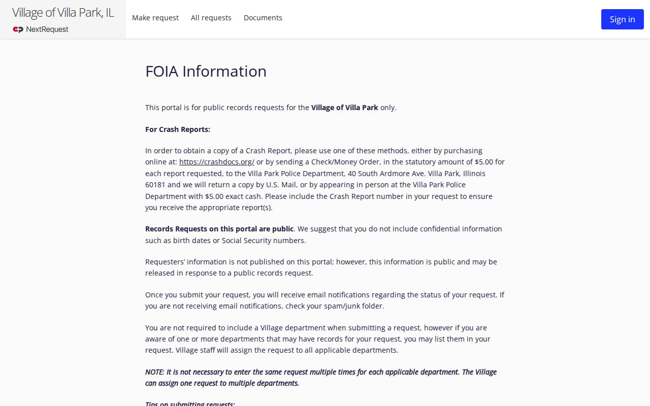 Villa Park residents directory public records request guidance