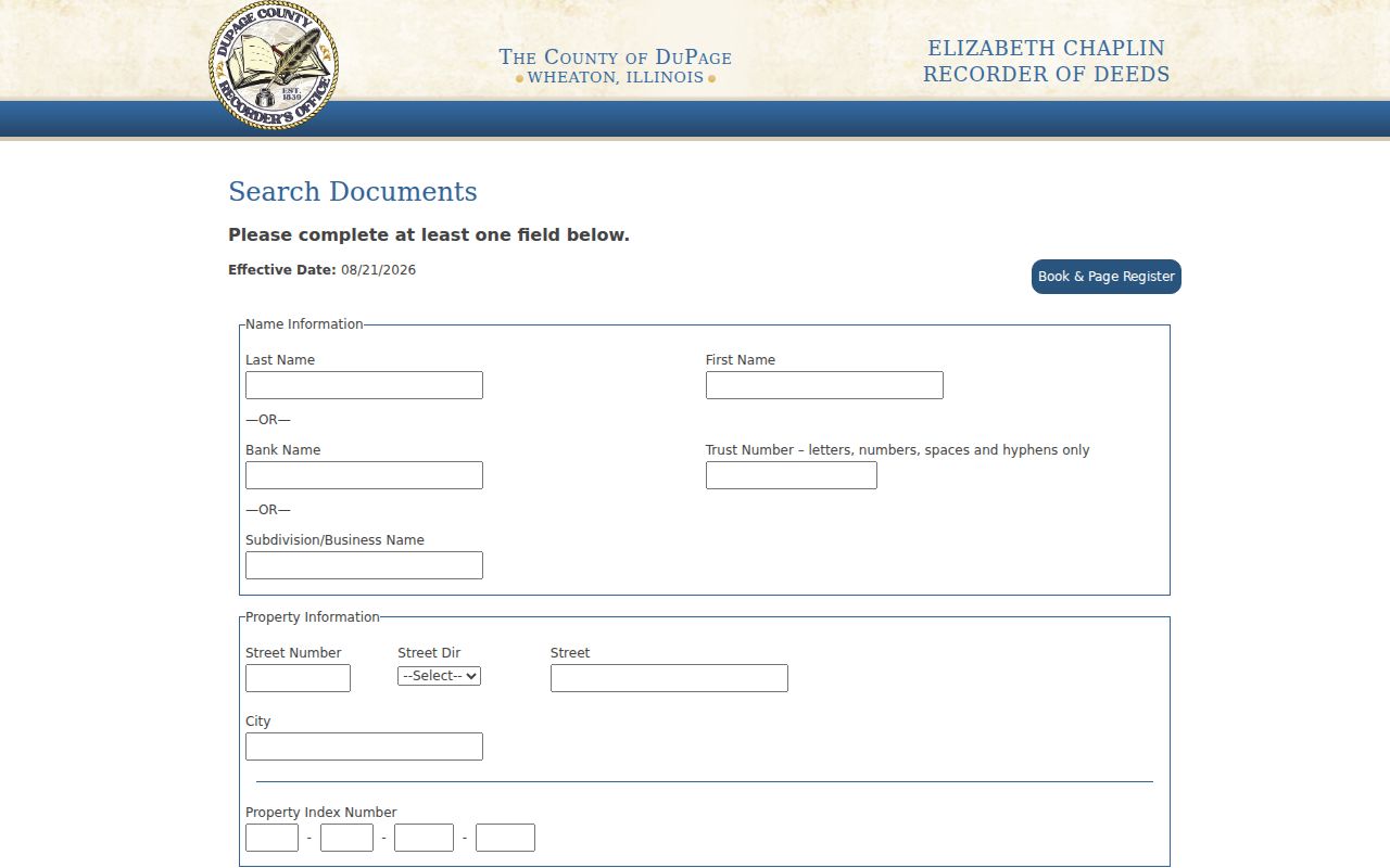 DuPage Recorder search form used for Villa Park street and deed research