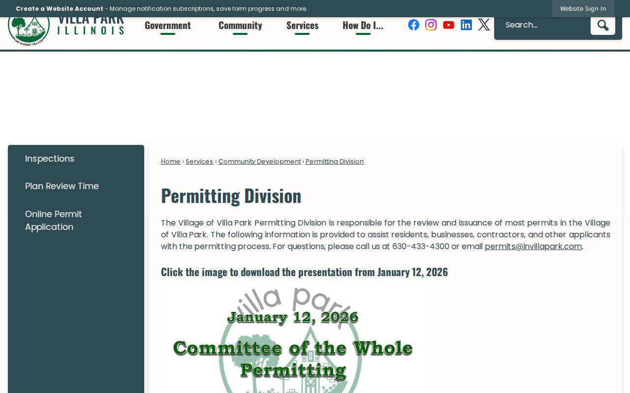 Villa Park Permitting Division page for address-based project records