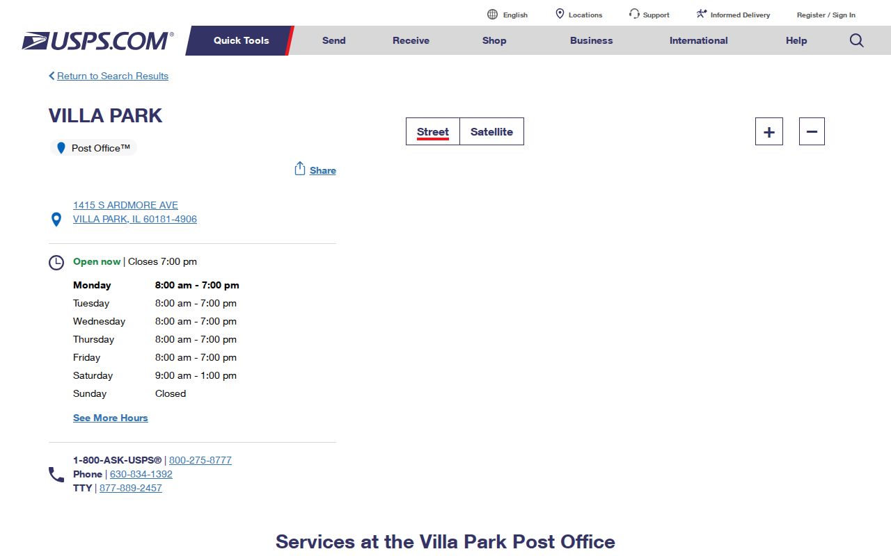 USPS Villa Park Post Office details for ZIP code 60181